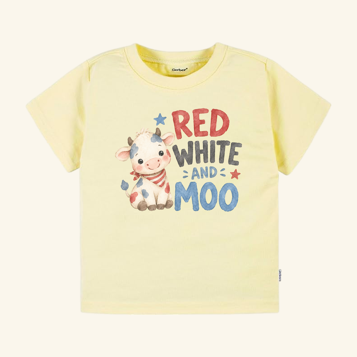 Pale yellow Red White and Moo Toddler Shirt – Patriotic Baby Cow Tee featuring a watercolor illustration of a cow in a patriotic bandana with the text Red White and Moo.