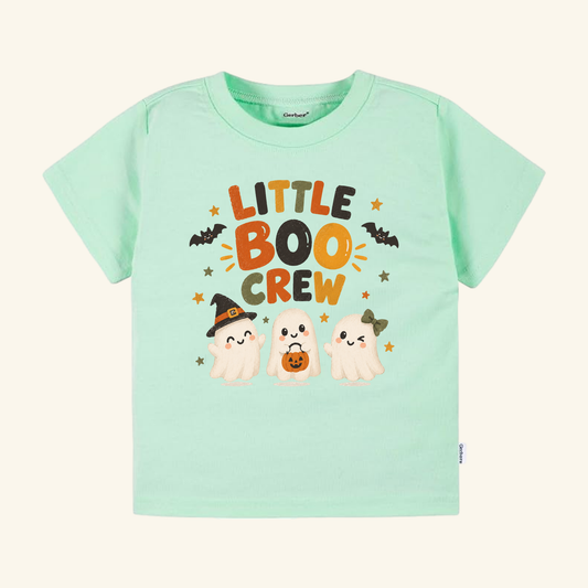 Light green Little Boo Crew Ghost Toddler Halloween Shirt – Cute Ghost Trio Tee featuring three cute ghosts and the text LITTLE BOO CREW.