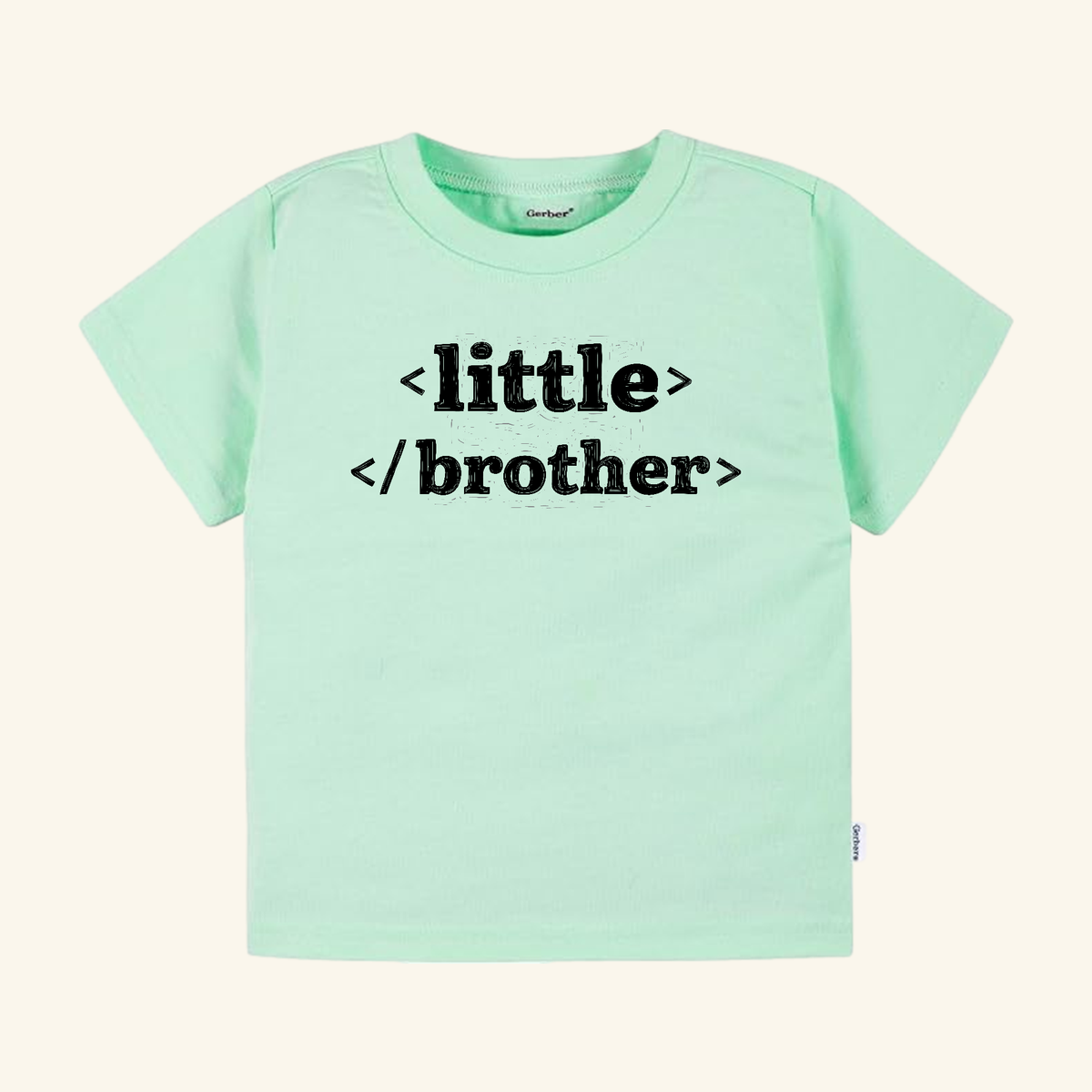 Mint green Little Brother Toddler Shirt – HTML Code Sibling Announcement Tee featuring a little brother announcement in a black, HTML-style code font.