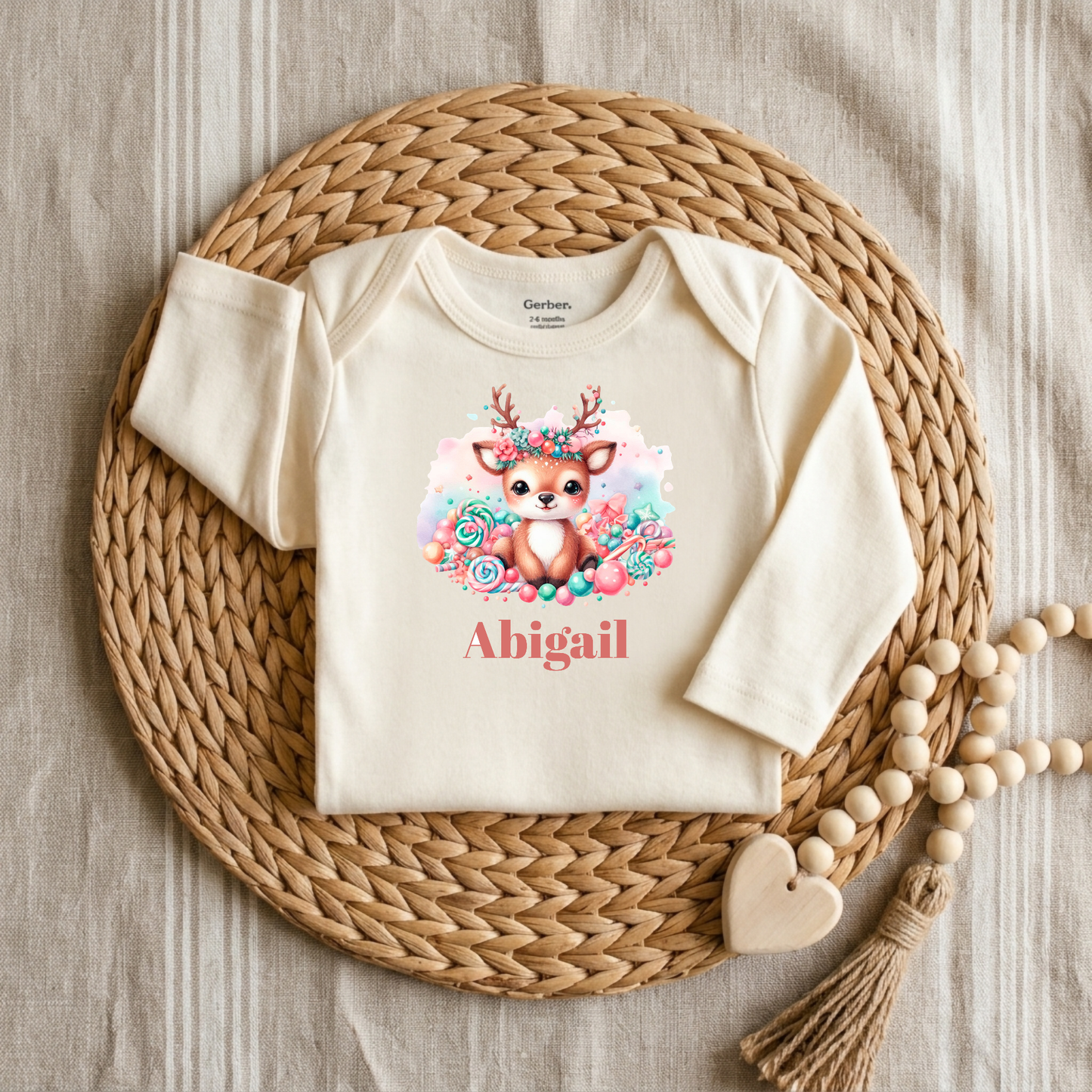 Custom Candy Deer Baby Onesie – Personalized Name Bodysuit