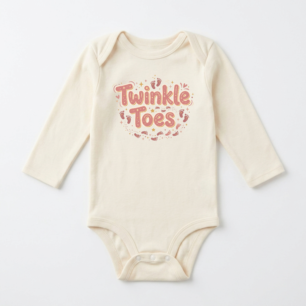 Long-Sleeve Baby Girl Onesie – Twinkle Toes Footprint Bodysuit