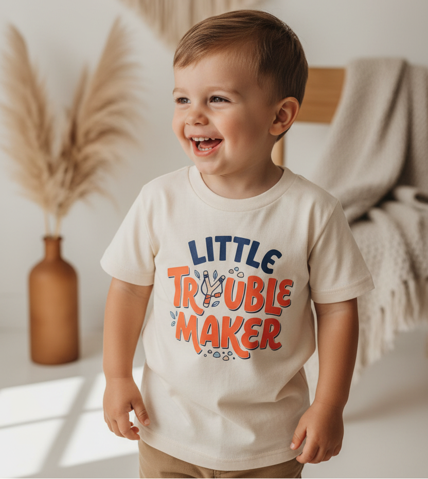 A smiling young boy wearing a cream-colored t-shirt with a colorful graphic that reads 'LITTLE TRouble MAKer' in blue and orange lettering, standing in a brightly lit room with boho decor.