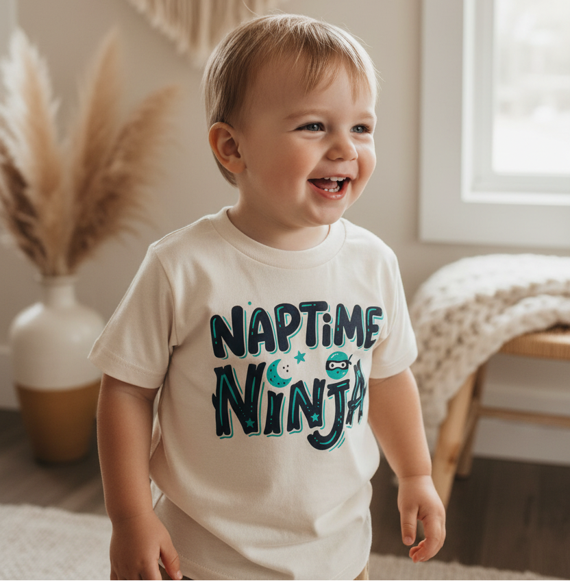 A smiling toddler wearing a cream-colored t-shirt with 'NAPTIME NINJA' printed in dark teal and light blue, standing in a brightly lit room with boho decor.