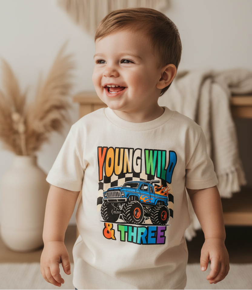 Young Wild & Three Toddler Shirt – Monster Truck 3rd Birthday Tee