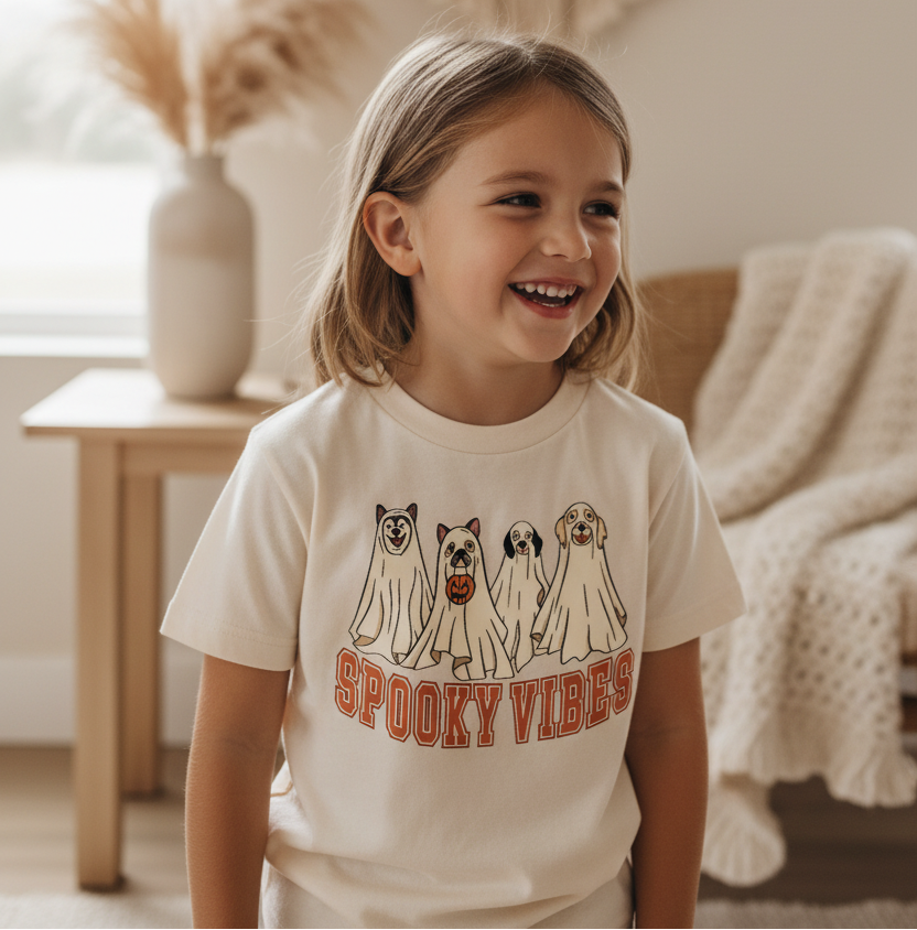 Spooky Vibes Dog Ghosts Kids Shirt – Halloween Tee