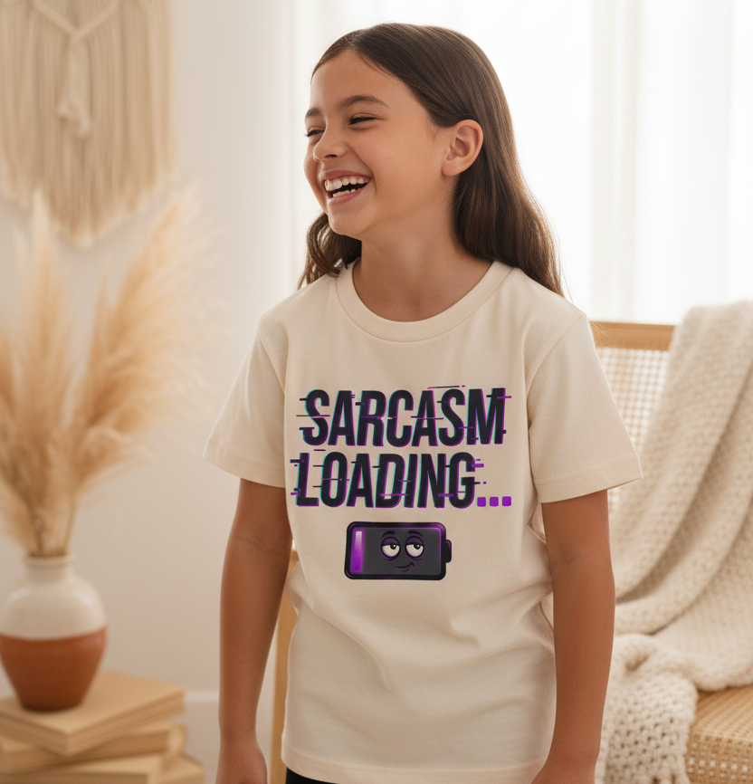 A young girl with long brown hair is smiling and laughing while wearing a cream-colored t-shirt with a 'SARCASM LOADING.