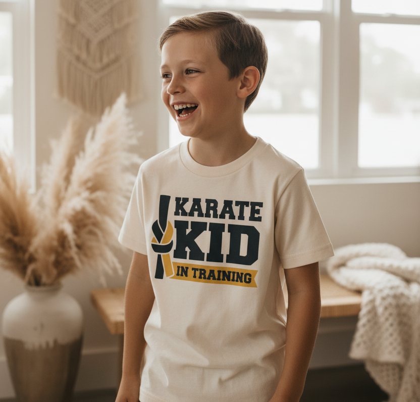 A young boy laughing in a bright room, wearing a cream-colored t-shirt with a navy and yellow graphic that reads 'KARATE KID IN TRAINING'.
