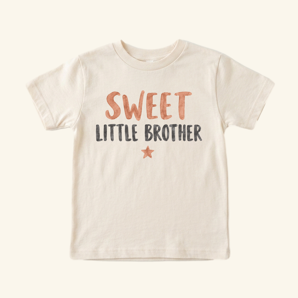 Off-white Sweet Little Brother Toddler Shirt – Watercolor Star Sibling Tee featuring a small star and the text SWEET LITTLE BROTHER on the front.