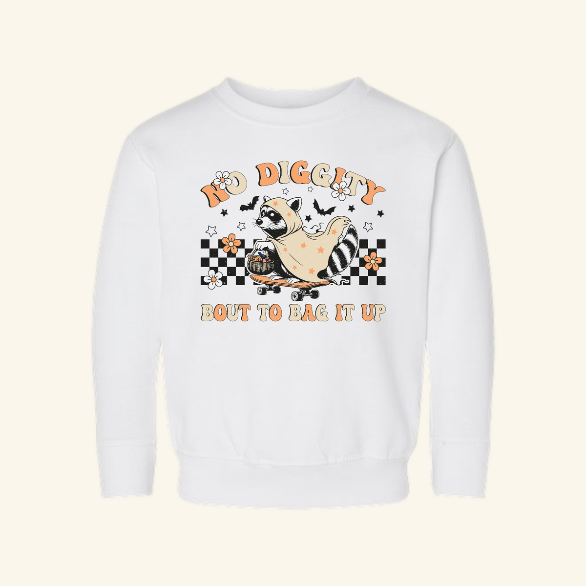 White No Diggity Bout to Bag It Up Toddler Sweatshirt featuring a retro Halloween graphic of a raccoon in a ghost costume riding a skateboard with the text NO DIGGITY BOUT TO BAG IT UP.