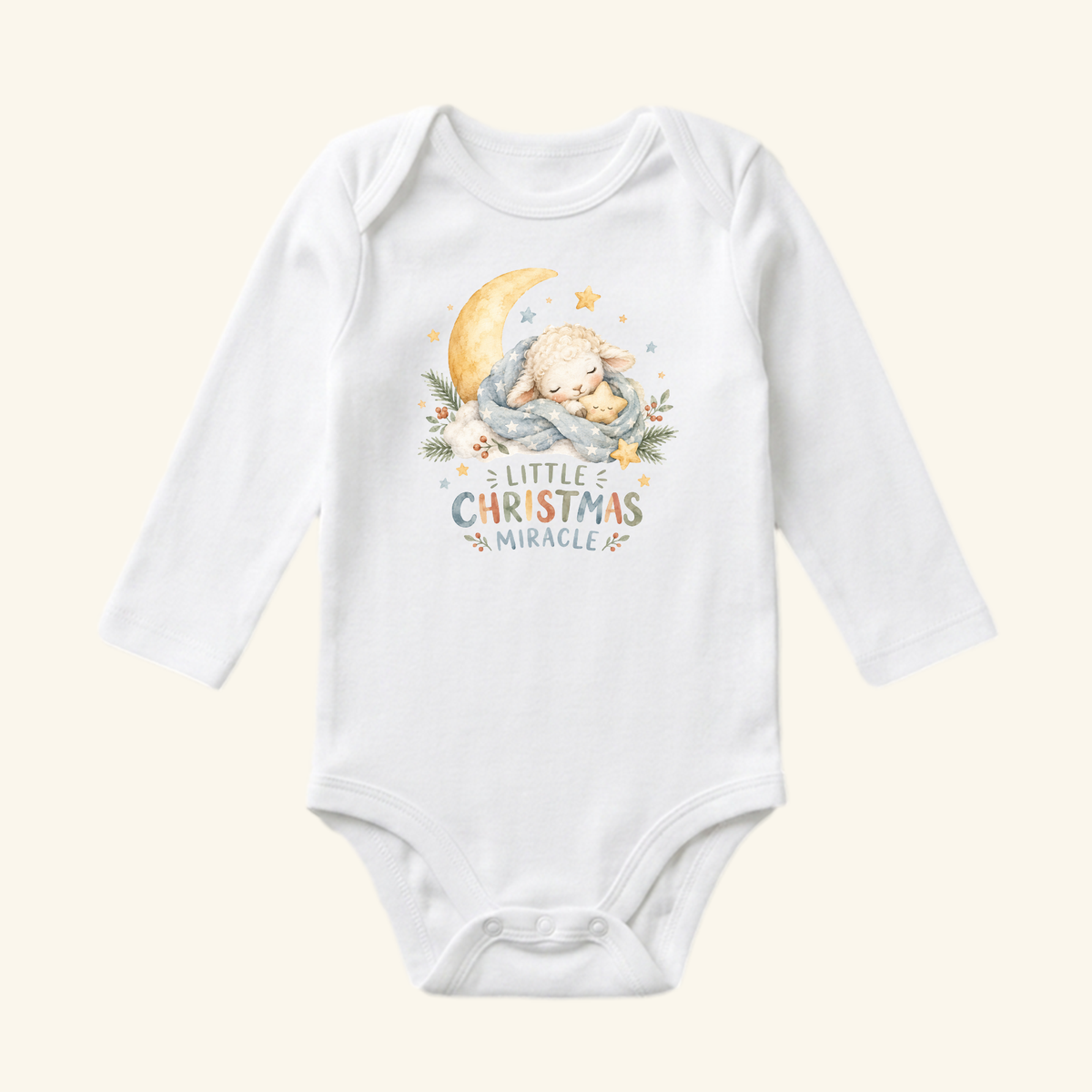 Toodleroos Little Christmas Miracle Baby Onesie – Sleeping Lamb Christmas Bodysuit, a long-sleeved white baby bodysuit featuring a sleeping lamb on a crescent moon with the text Little Christmas Miracle.