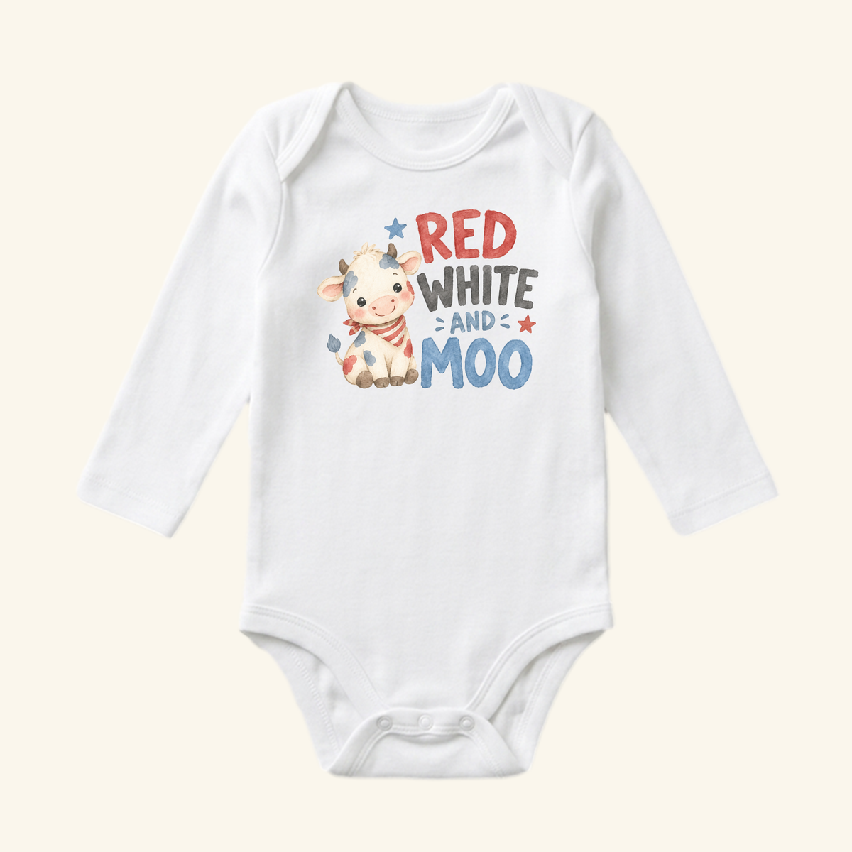 Toodleroos Red White and Moo Baby Onesie – Patriotic Baby Cow Bodysuit featuring a white long-sleeve bodysuit with a cartoon calf wearing a patriotic bandana and the text RED WHITE AND MOO.