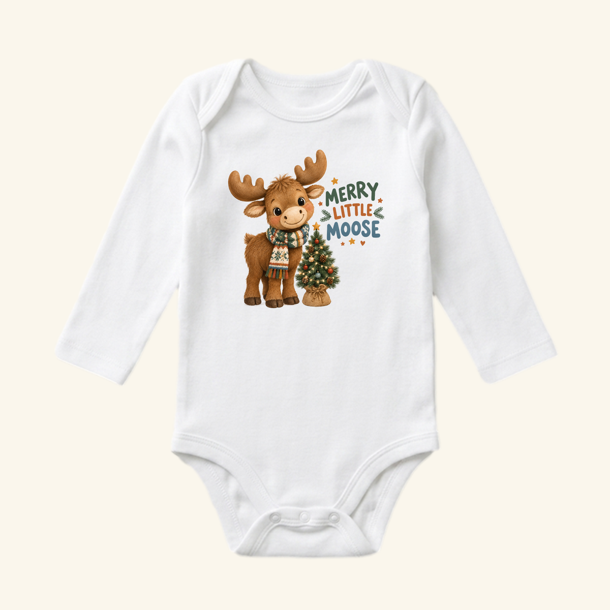 Merry Little Moose Baby Onesie – Cute Christmas Bodysuit, a white long-sleeve bodysuit featuring a cartoon moose wearing a scarf next to a small Christmas tree and the text Merry Little Moose.