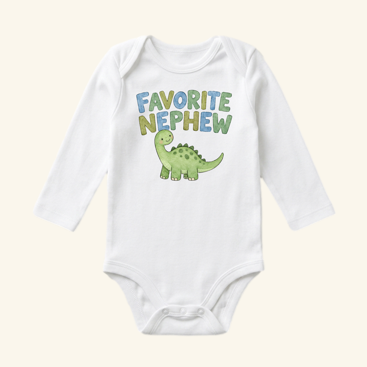 Favorite Nephew Baby Onesie – Cute Dinosaur Aunt & Uncle Gift Bodysuit, a long-sleeve baby bodysuit featuring a green dinosaur graphic and the text FAVORITE NEPHEW.