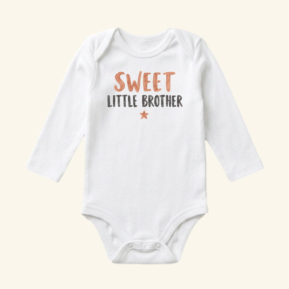 White long-sleeve Sweet Little Brother Baby Onesie – Watercolor Star Sibling Bodysuit with text and a small star printed on the chest.