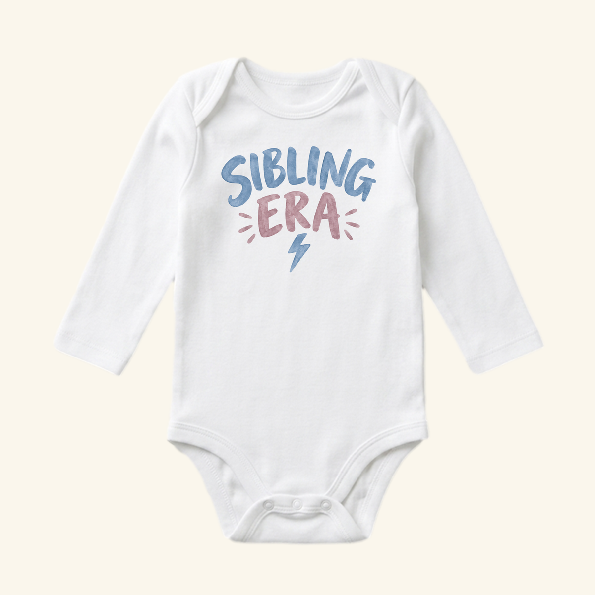 White long-sleeve Sibling Era Baby Onesie – Lightning Bolt Sibling Bodysuit featuring a lightning bolt and the text SIBLING ERA printed on the chest.