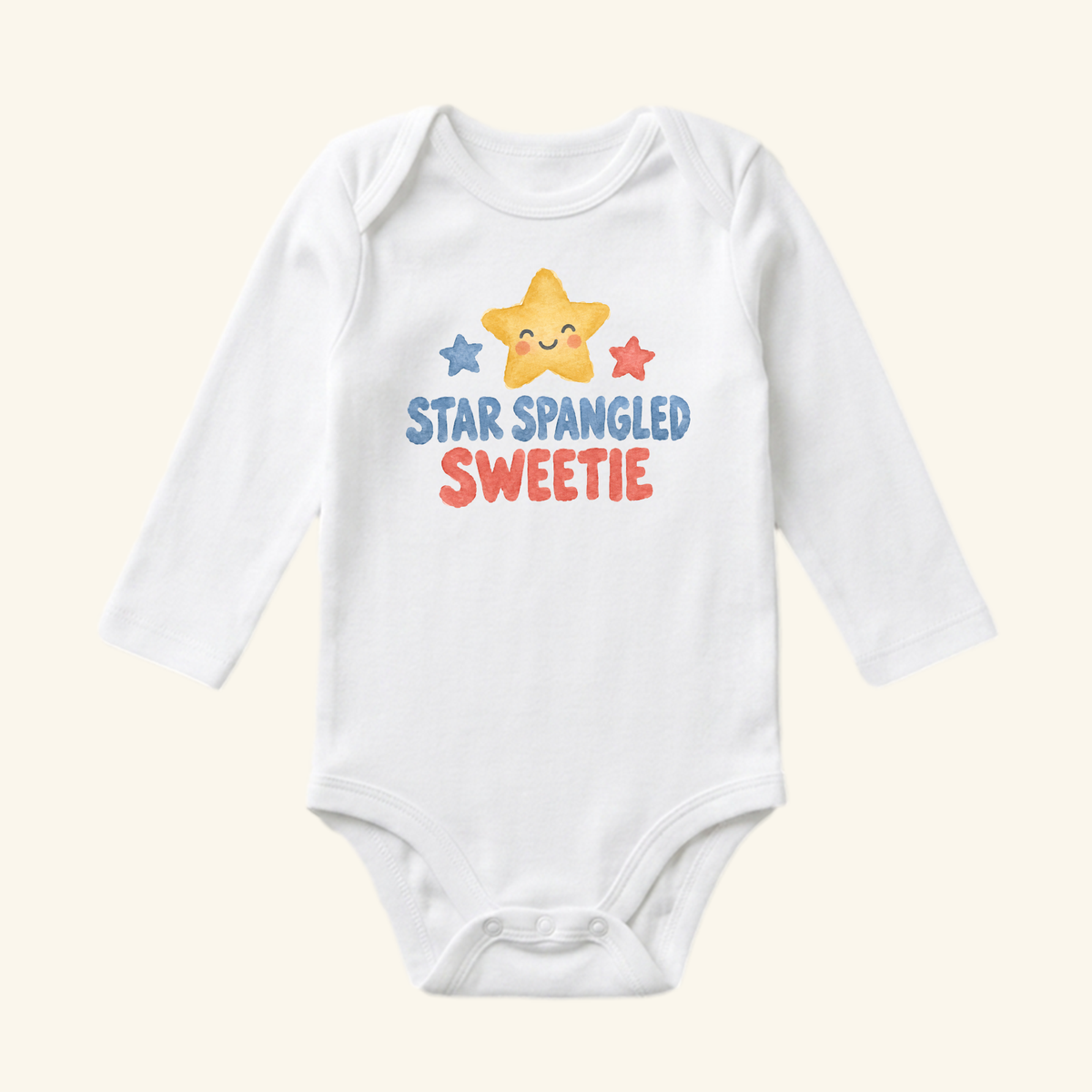 Toodleroos Star Spangled Sweetie Baby Onesie featuring a watercolor graphic of a smiling yellow star flanked by blue and red stars above the text STAR SPANGLED SWEETIE on a white long-sleeve bodysuit.