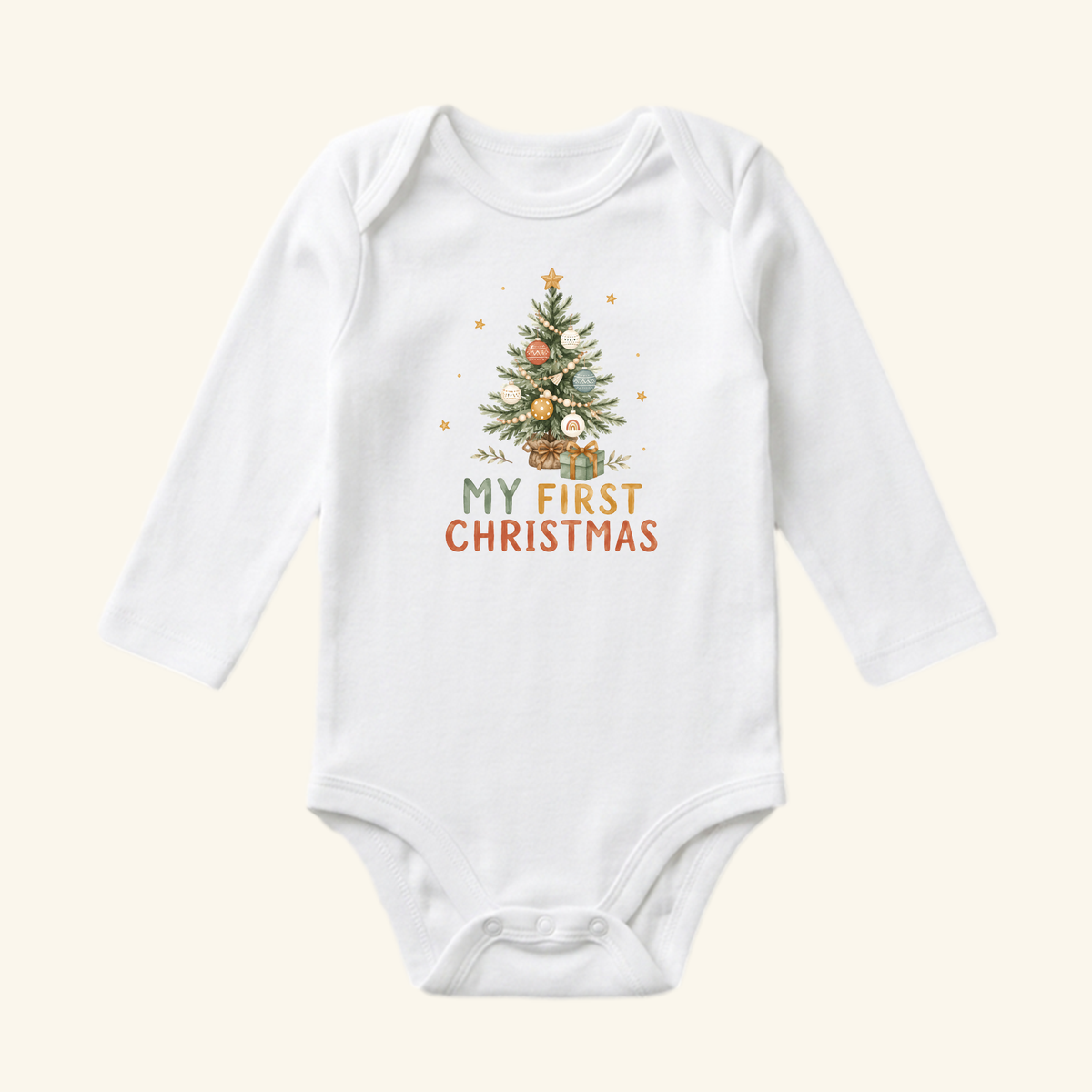 White long-sleeve My First Christmas Baby Onesie – Boho Christmas Tree Bodysuit by Toodleroos featuring a boho Christmas tree graphic.