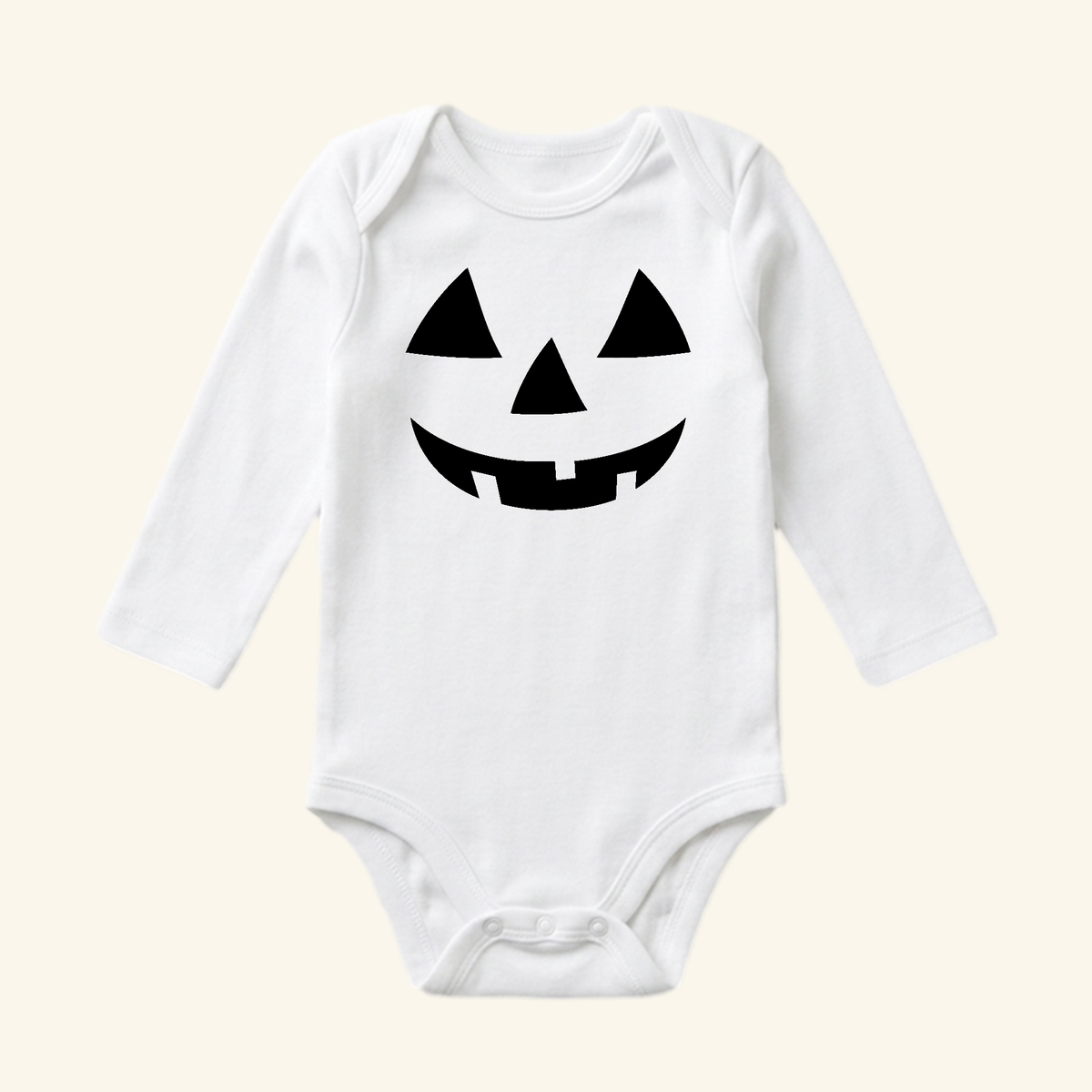 White long-sleeved Halloween Baby Onesie – Jack-O’-Lantern Pumpkin Bodysuit featuring a black jack-o-lantern face.