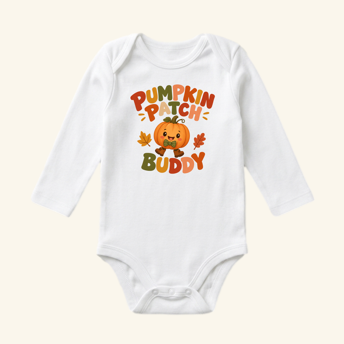 White long-sleeve Pumpkin Patch Buddy Baby Onesie – Fall Pumpkin Bodysuit featuring a cartoon pumpkin character and the text Pumpkin Patch Buddy.