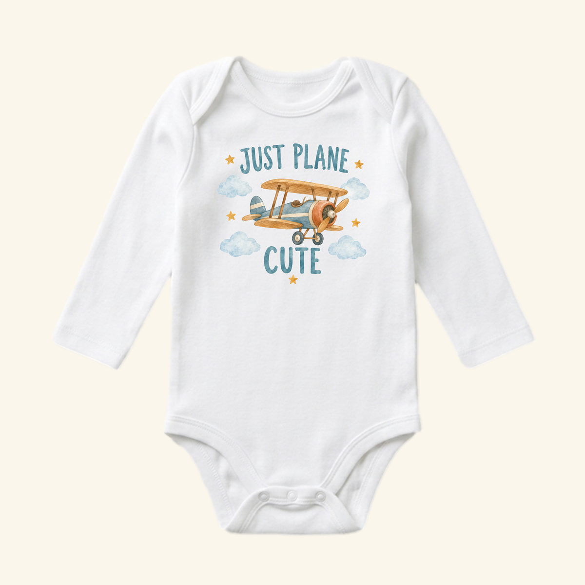 White long-sleeved Just Plane Cute Baby Onesie featuring a watercolor illustration of a vintage airplane and clouds.