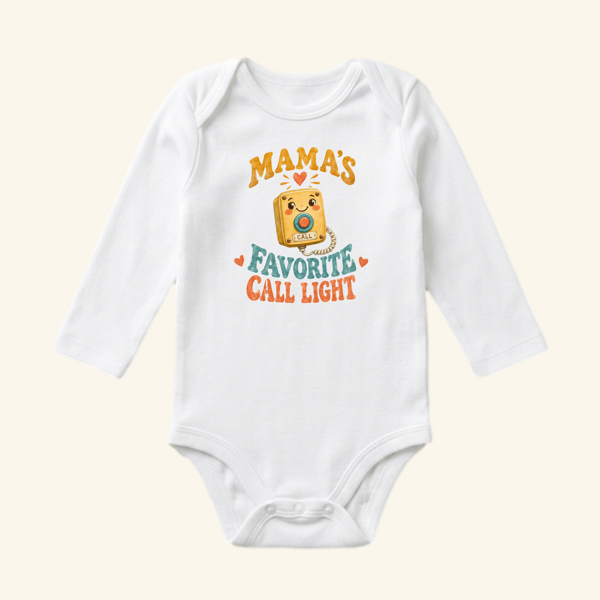 White long-sleeve Mama’s Favorite Call Light Baby Onesie – Funny Nurse Mom Bodysuit featuring a smiling hospital call button graphic with the text Mama’s Favorite Call Light.