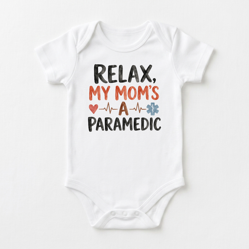 Dress your little one in the Toodleroos Paramedic Mom Baby Onesie – My Mom’s a Paramedic Short-Sleeve Bodysuit, featuring bold black and red text: “RELAX, MY MOM’S A PARAMEDIC,” accented with a heart, heartbeat line, and blue medical star on a crisp white background. This adorable bodysuit is the perfect gift for paramedic moms or a unique baby shower present for proud EMT families.
