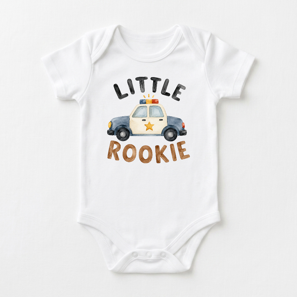 Dress your little one in the Toodleroos Police Baby Onesie – Little Rookie Short-Sleeve Law Enforcement Bodysuit, featuring a charming cartoon police car with “LITTLE ROOKIE” printed above and below in playful black and brown letters—a thoughtful baby gift for police families.
