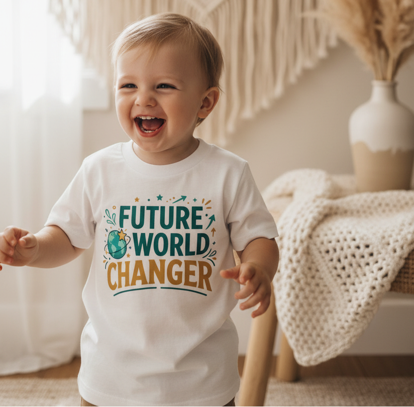 A smiling toddler stands indoors wearing a white graphic T-shirt with the words “FUTURE WORLD CHANGER” in teal and mustard. The room has a cream macrame wall hanging, a vase with dried grass, and a knitted blanket.