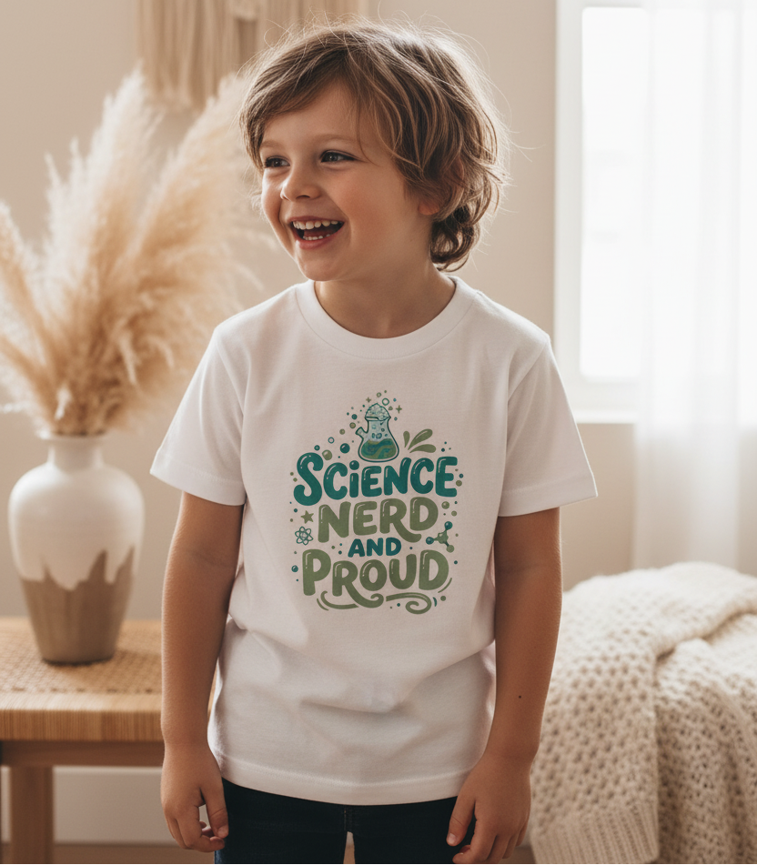 A young boy with light brown hair is smiling and laughing while wearing a white graphic t-shirt. The t-shirt features a green and teal design that reads 'SCIENCE NERD AND PROUD' with a small illustration of a beaker and DNA helix.