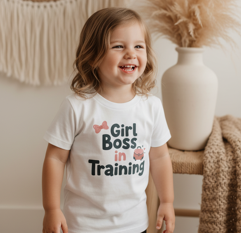 A young girl smiling and laughing while wearing a white graphic t-shirt that reads 'Girl Boss in Training' with pink and navy text and illustrations, set in a warm, boho-style room with a woven wall hanging, pampas grass, and a cream vase.