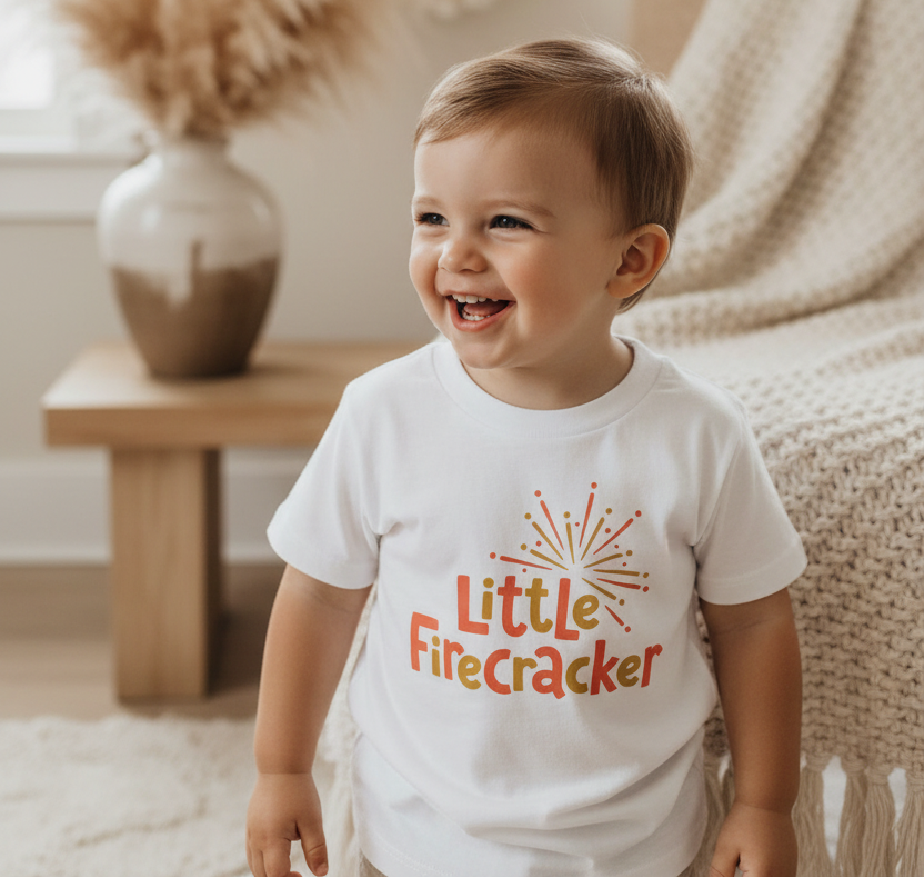 A smiling toddler boy wearing a white t-shirt with a 'Little Firecracker' graphic, standing in a cozy, brightly lit room with a knit blanket and pampas grass decor in the background.