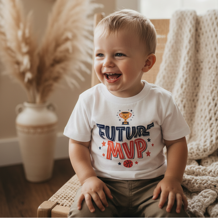 A smiling toddler boy sitting on a woven chair in a warm, boho-style room, wearing a white t-shirt with a colorful 'FUTURE MVP' graphic.