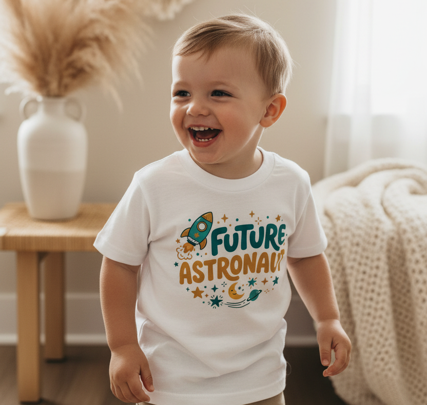 A toddler boy wearing a white graphic t-shirt that says 'FUTURE ASTRONAUT' in colorful lettering, standing in a cozy, sunlit room with a macrame wall hanging and pampas grass in the background.