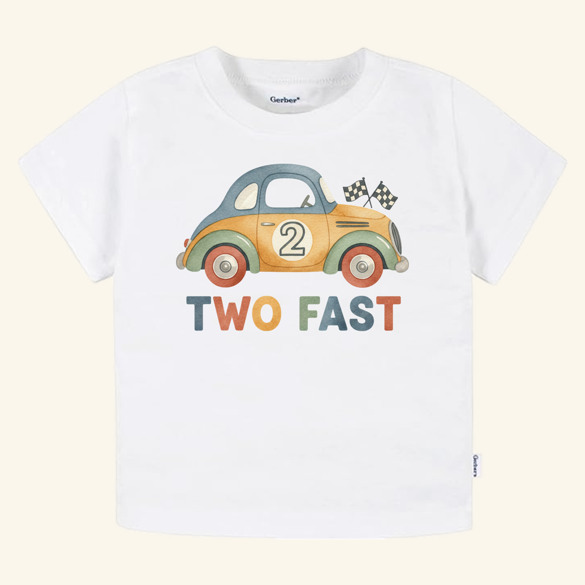 Toodleroos Two Fast 2nd Birthday Toddler Shirt, a white short-sleeve tee featuring a vintage car illustration with the number 2 on the door, checkered flags, and the text TWO FAST printed below.