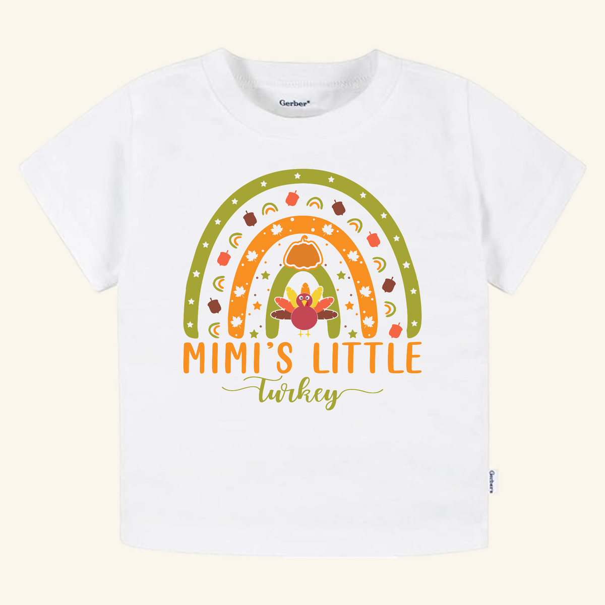 Mimi’s Little Turkey Toddler Shirt – Grandma Thanksgiving Rainbow Tee featuring a white toddler t-shirt with a fall-themed rainbow graphic, a turkey, a pumpkin, autumn icons, and the text Mimi’s Little Turkey.