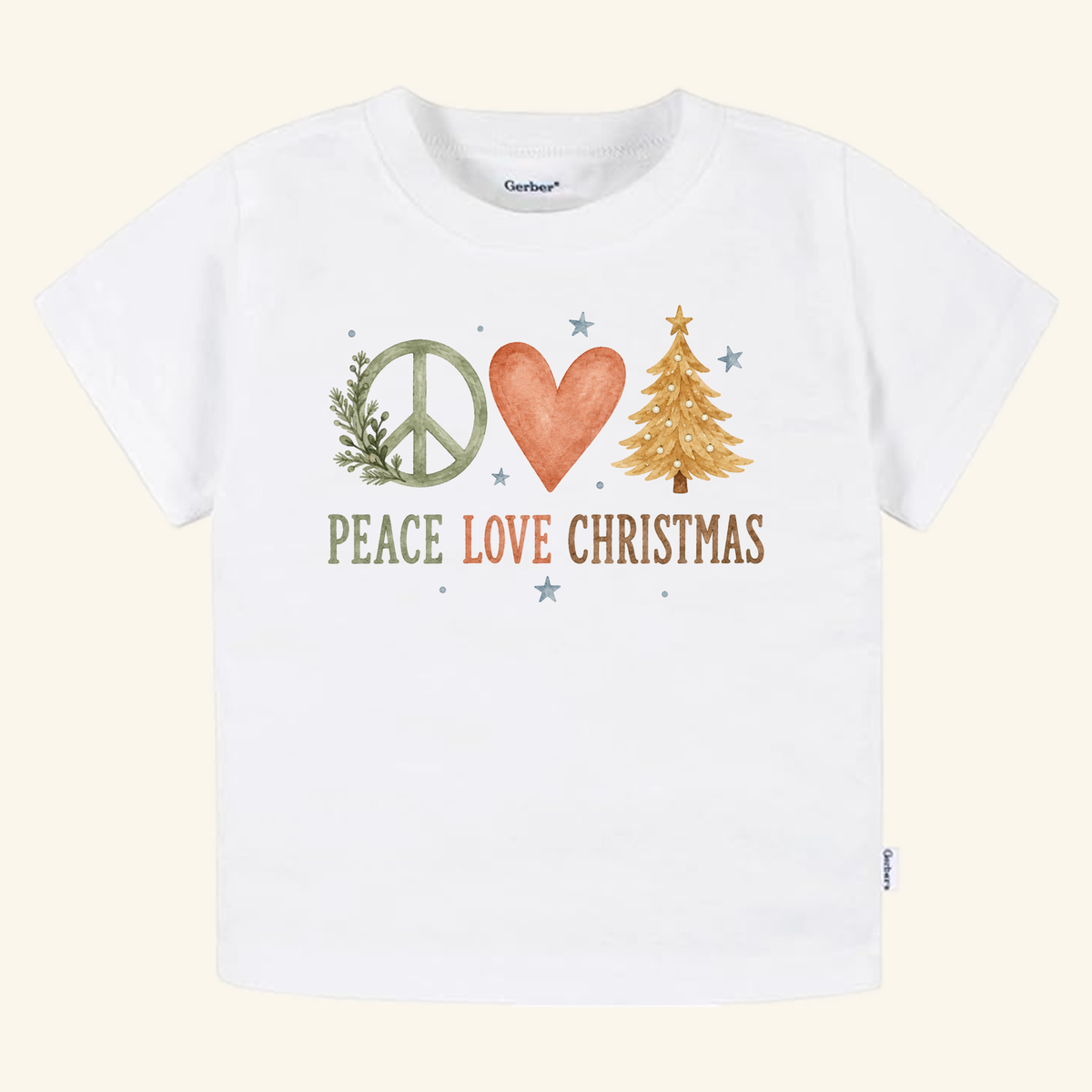 White Peace Love Christmas Toddler Shirt – Boho Christmas Tree Tee featuring a watercolor peace sign, heart, and Christmas tree graphic above the text PEACE LOVE CHRISTMAS.