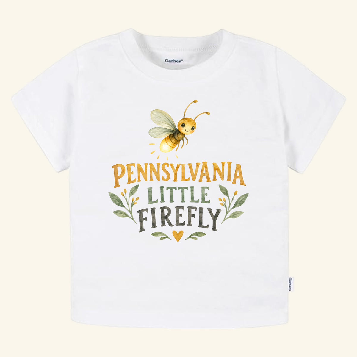 Pennsylvania Toddler Shirt – Little Firefly Watercolor Tee featuring a white t-shirt with a watercolor firefly illustration above the text PENNSYLVANIA LITTLE FIREFLY, surrounded by leaves and a heart.