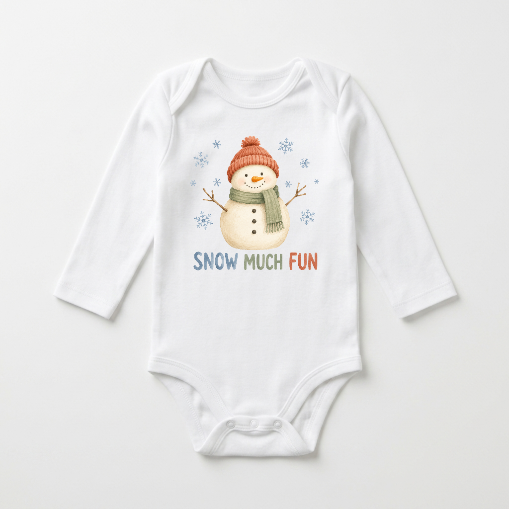 Long-Sleeve Snowman Baby Onesie – Snow Much Fun Winter Bodysuit