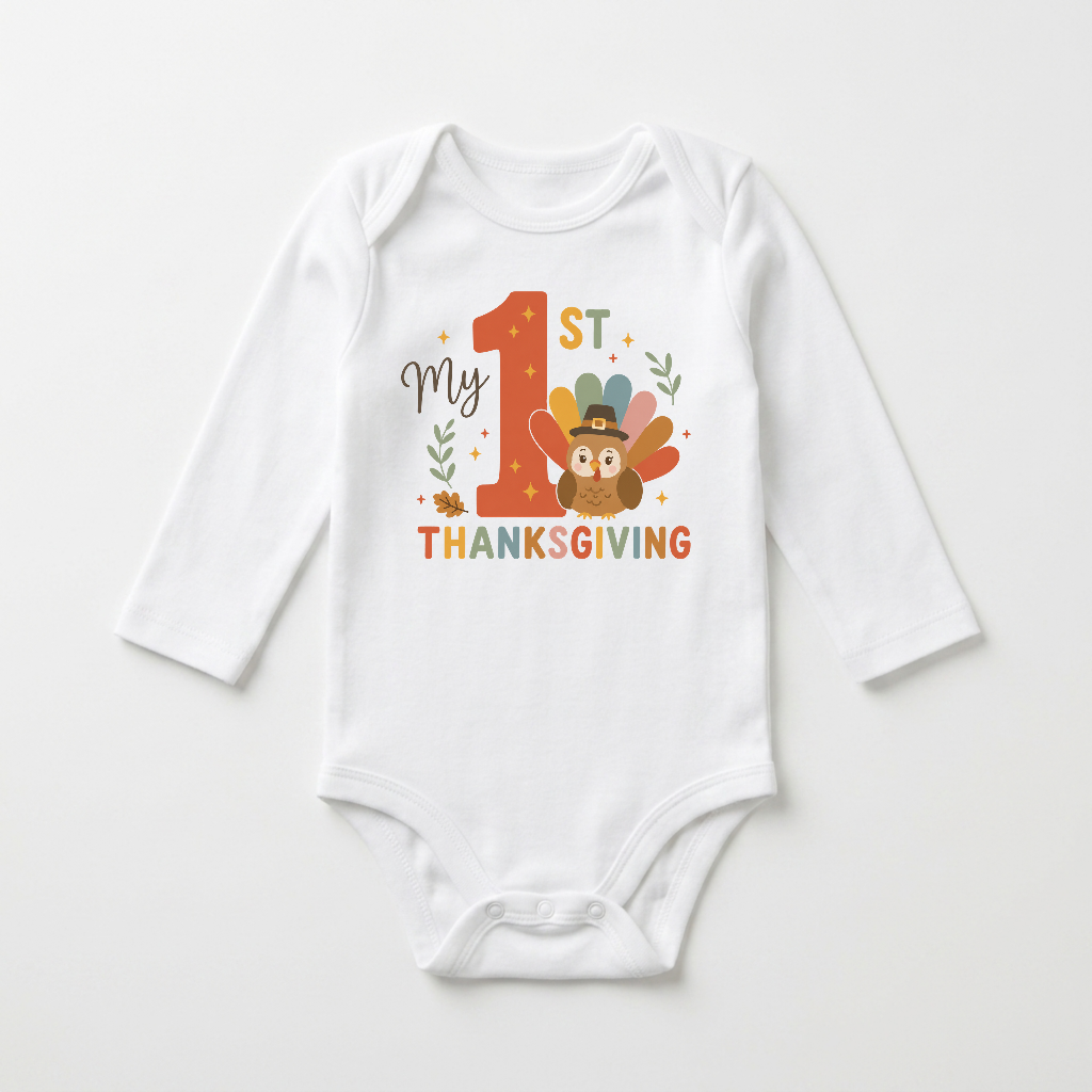 Dress your little one for the holiday in the Toodleroos Long-Sleeve Baby’s First Thanksgiving Onesie – My 1st Thanksgiving Turkey, featuring a white design with colorful “My 1st Thanksgiving” text, a cheerful cartoon turkey in a hat, autumn leaves, and stars—ideal as a festive first Thanksgiving outfit.