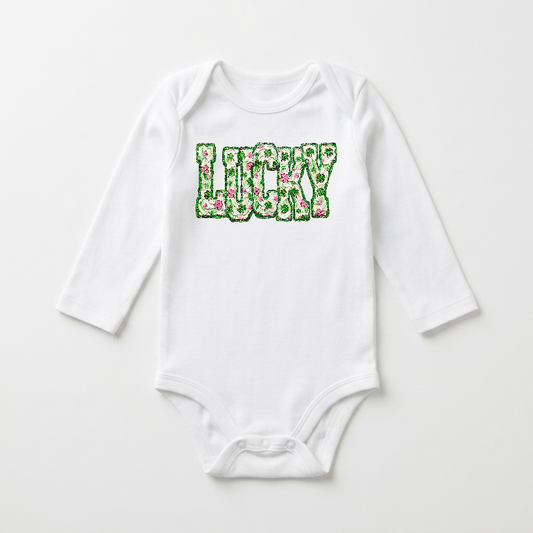 Long-Sleeve St. Patrick’s Day Baby Onesie – Lucky Floral Clover Bodysuit
