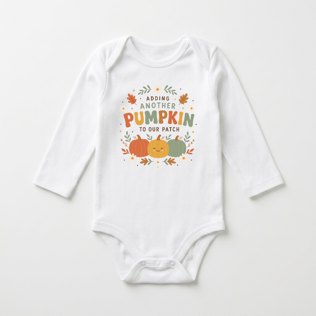 Introducing the Toodleroos Long-Sleeve Fall Pregnancy Announcement Onesie – Adding Another Pumpkin. This white baby onesie features an autumn-inspired design with pumpkins, small leaves, and hearts, accompanied by the phrase “Adding another pumpkin to our patch.” It’s a charming choice for a cozy autumn pregnancy reveal. The background is plain white, making it perfect for celebrating this special moment.