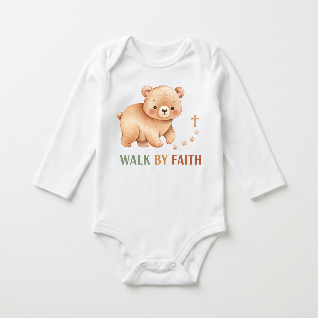 Long-Sleeve Christian Baby Onesie – Walk by Faith Bear Bodysuit