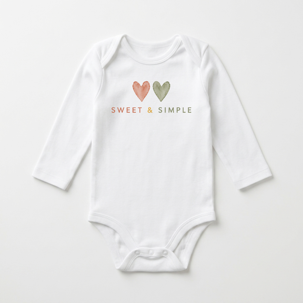Dress your little one in the Toodleroos Gender-Neutral Long-Sleeve Baby Onesie – Sweet & Simple Heart Bodysuit, featuring two watercolor hearts—one pink and one green—above the phrase “Sweet & Simple” printed on the chest in soft orange and green lettering. This charming, gender-neutral bodysuit makes a thoughtful baby shower gift, offering both style and comfort for new arrivals.