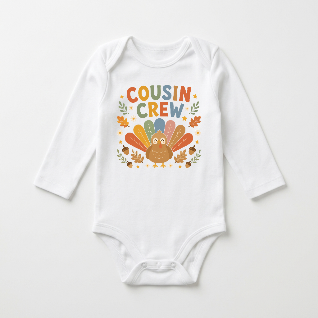 Dress your little one in the Toodleroos Long-Sleeve Thanksgiving Cousin Baby Onesie – Cousin Crew Turkey Bodysuit, featuring a colorful turkey illustration with “Cousin Crew” above it and surrounded by autumn leaves and charming decorative accents—the perfect festive bodysuit for your baby’s Thanksgiving cousin crew outfit.