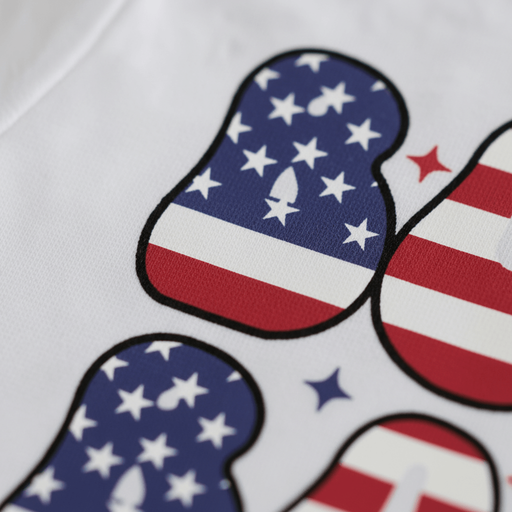 Close-up of a graphic featuring abstract shapes filled with stars and stripes in the American flag pattern on a white background, capturing the festive spirit of the Toodleroos Boom Boom Baby 4th of July Onesie – Patriotic Bodysuit.