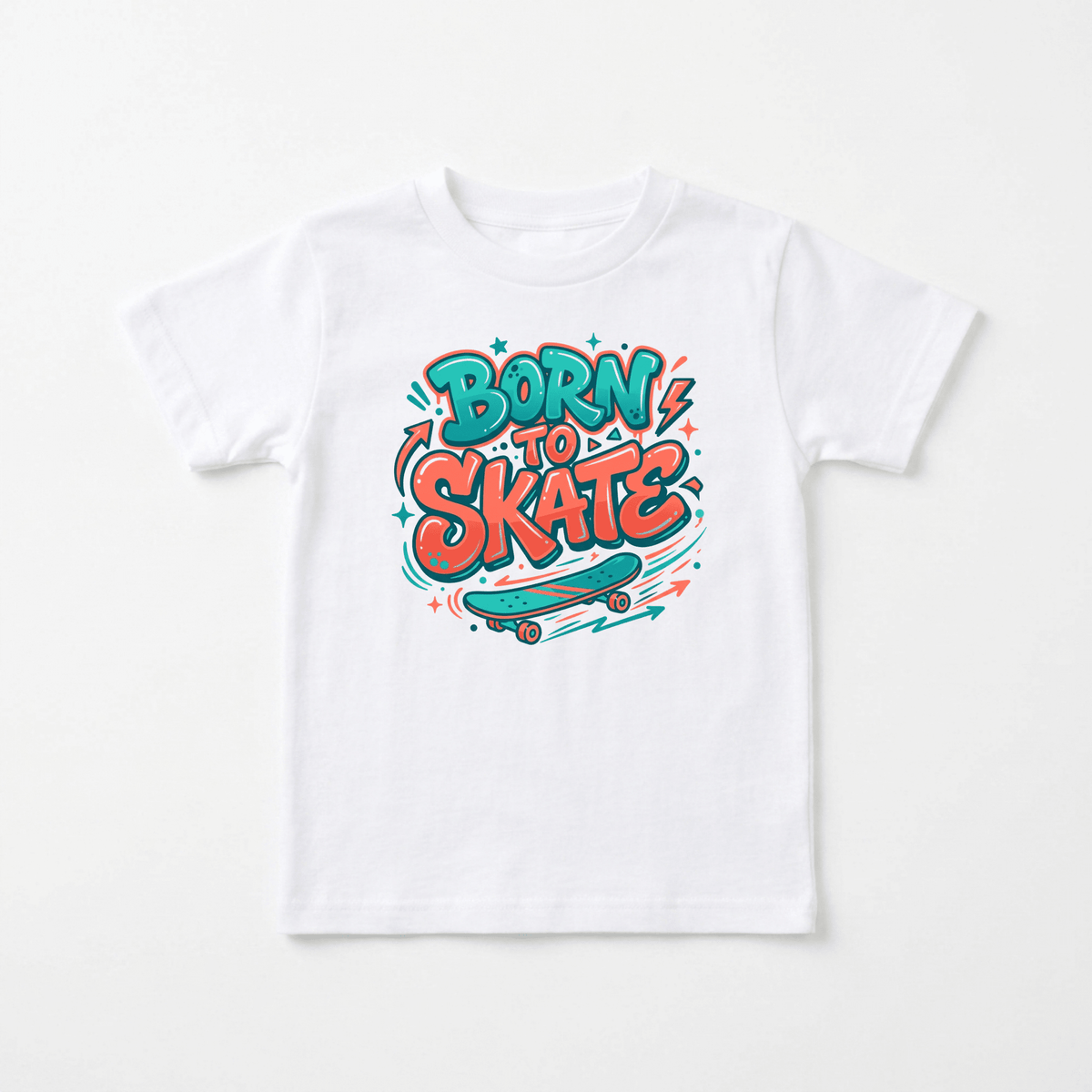 The Toodleroos Born to Skate Youth Boys Shirt – Skateboard Graphic Tee features a white base with bold, colorful “BORN TO SKATE” text above a teal skateboard, accented by decorative stars, dots, and lines in orange, teal, and black. This vibrant graffiti-style kids t-shirt is perfect for young skaters looking to add energy and style to any outfit.
