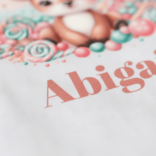 Close-up of the name Abiga in pink letters on fabric, with part of a cute deer illustration and colorful candies visible above the text—Toodleroos Custom Candy Deer Baby Onesie is a charming personalized name bodysuit, making it a perfect custom baby shower gift.