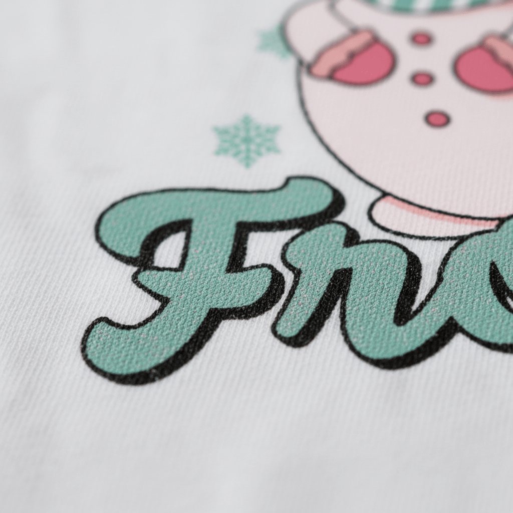 Close-up of fabric with large, stylized black and green “Fro” text beside part of a cartoon snowman illustration on white, capturing the classic charm of the Toodleroos Feelin’ a Little Frosty Toddler Shirt—a retro snowman tee perfect for holiday photos.