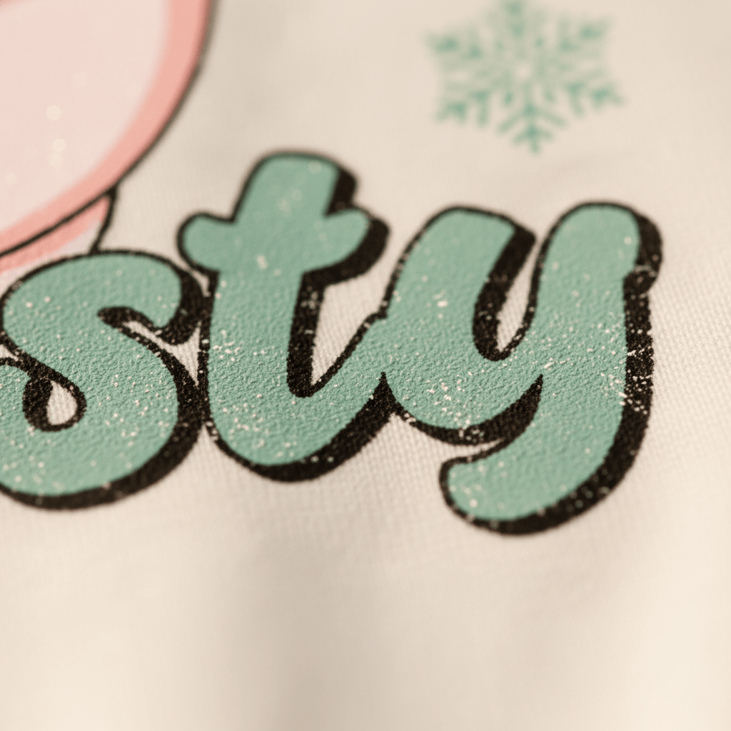 Close-up of the word “sty” in teal with white speckles, featured as part of a printed design on fabric. Nearby, a pink curved shape and a teal snowflake lend playful detail to this Toodleroos Feelin’ a Little Frosty Toddler Sweatshirt – Retro Snowman Sweatshirt, adding to the cozy winter style for girls.