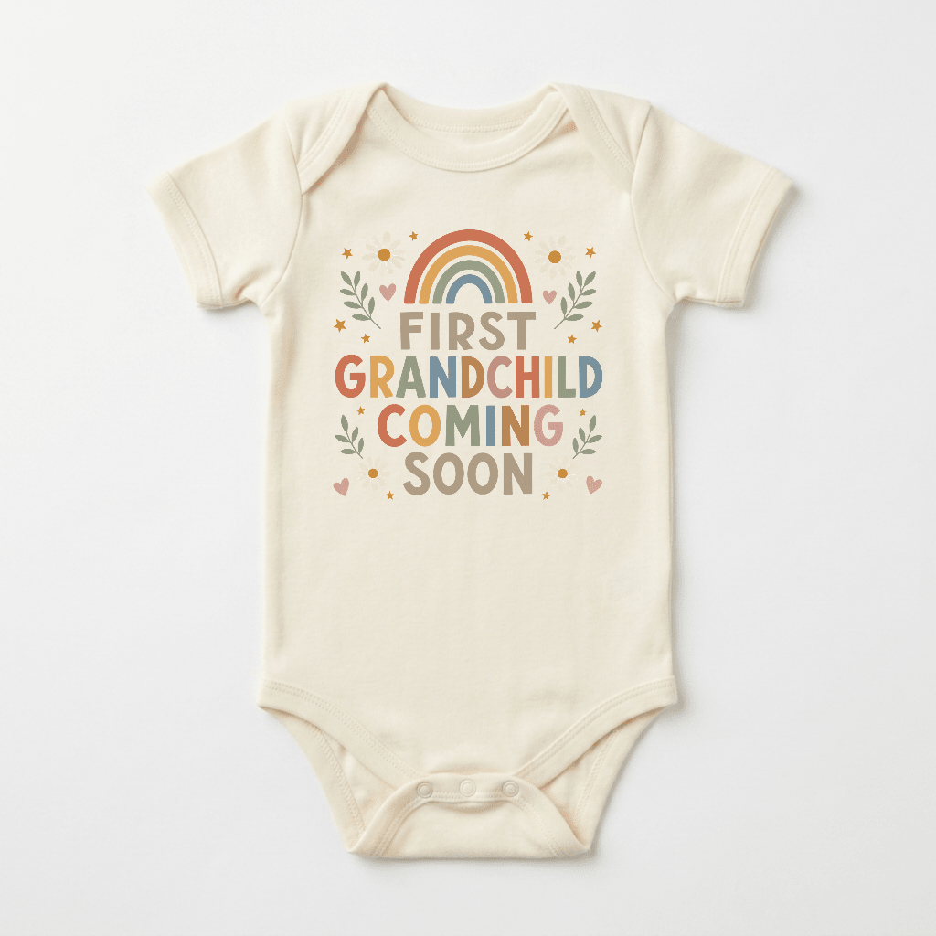 Dress your little one in the Toodleroos First Grandchild Pregnancy Announcement Onesie – Coming Soon Short-Sleeve Bodysuit. This cream-colored baby onesie features an adorable rainbow and leaves design, with playful, colorful lettering that reads “First grandchild coming soon,” accented by tiny hearts. It’s a perfect way to surprise grandparents and share the exciting news with your growing family!.